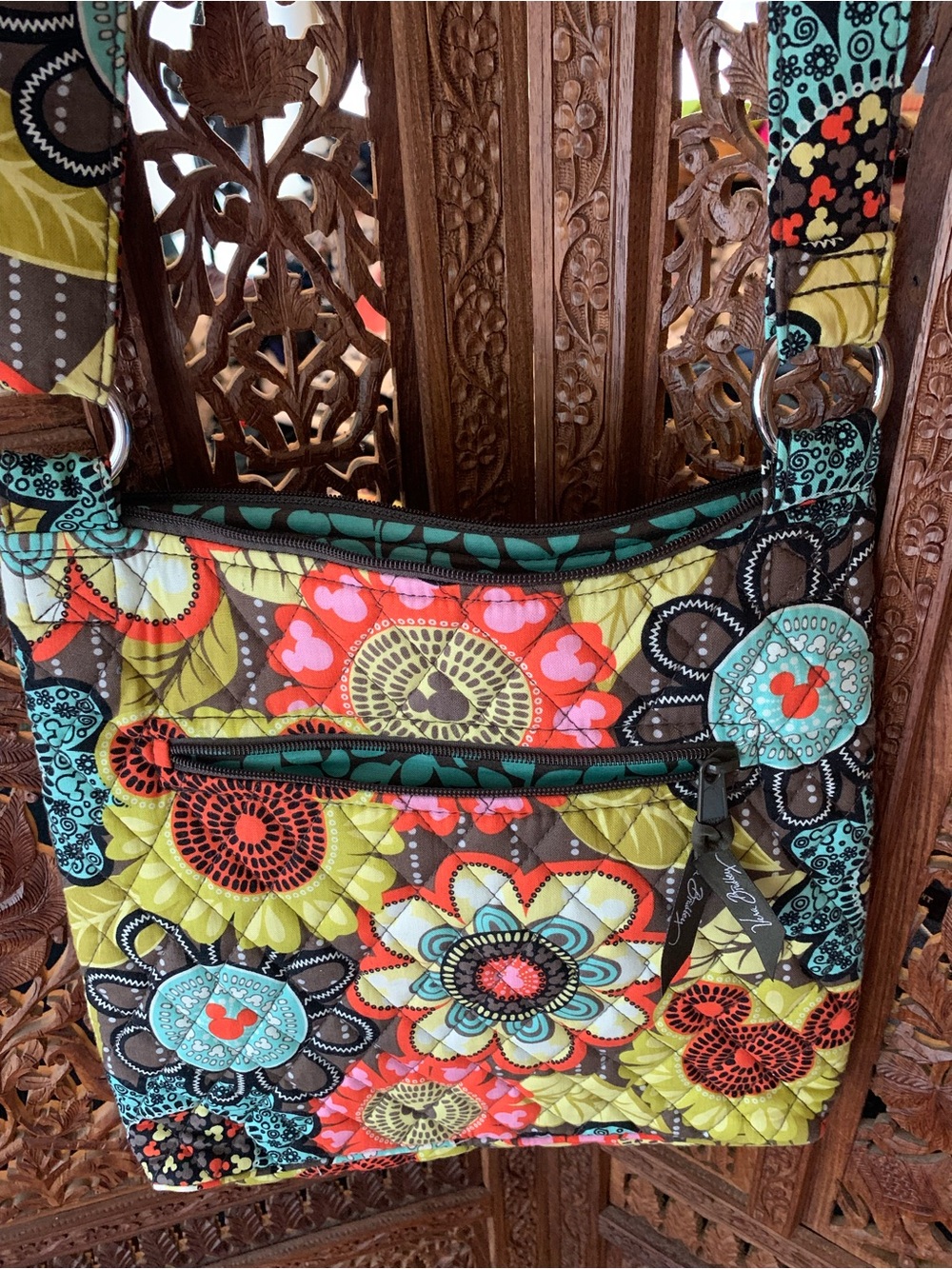 Vera Bradley Disney Teal and Brown Patterned Fabric Tote with Yellow trim.